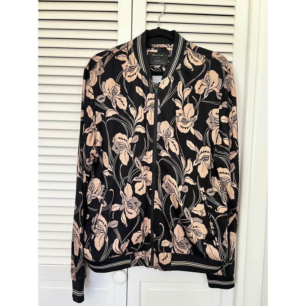 Porter & Ash Men's Floral Bomber Jacket Black Tan Full Zip Size L